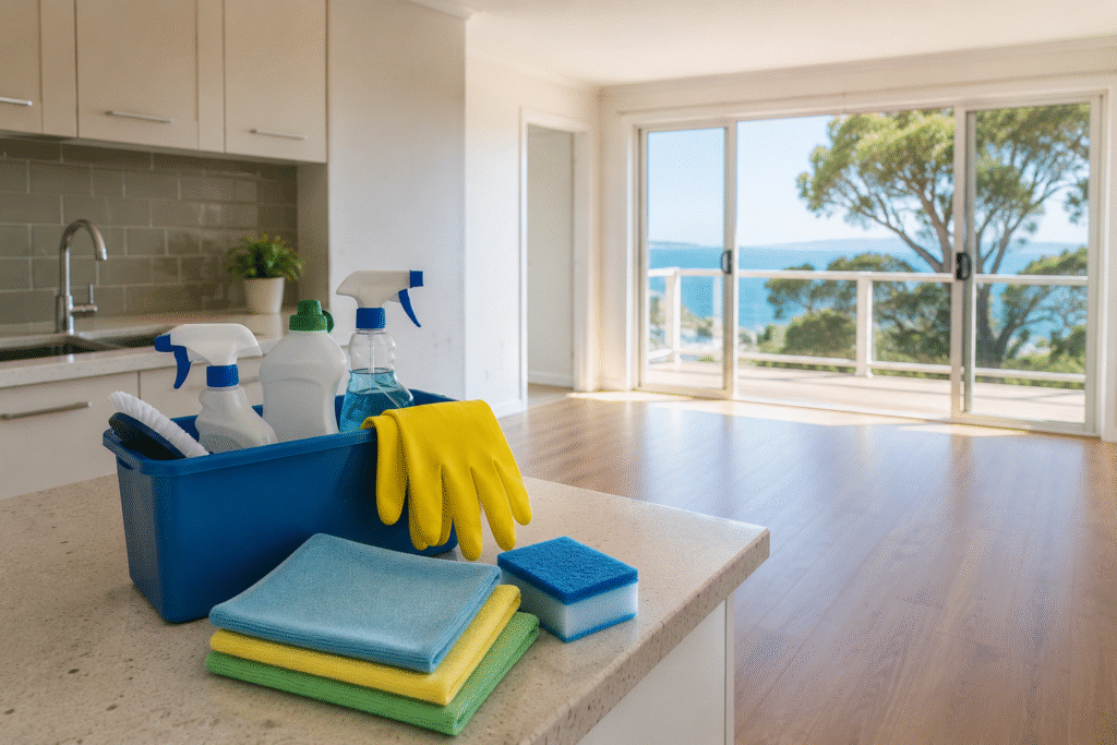 End of lease cleaning supplies in a bright Mornington Peninsula home