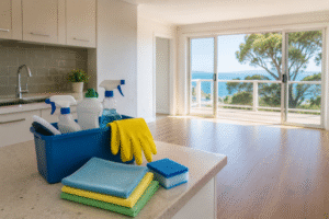 End of lease cleaning supplies in a bright Mornington Peninsula home