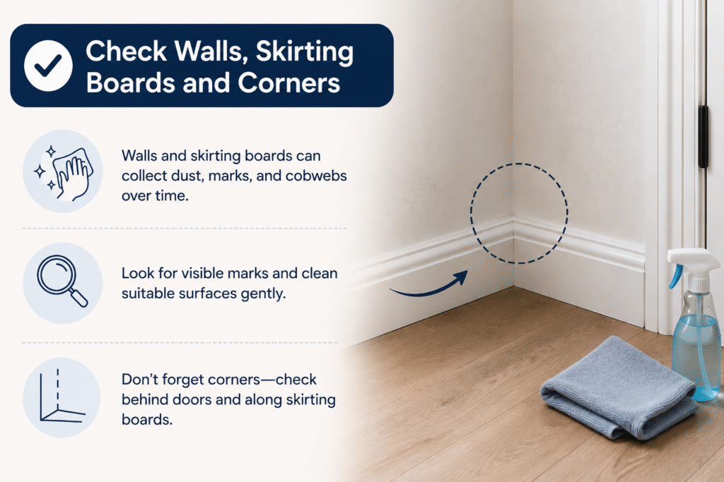 End of lease cleaning checklist for walls, skirting boards and corners.