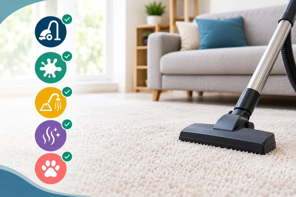 Preparing carpets for a rental inspection with vacuuming, stain removal, deep cleaning, odour control, and pet hair removal.