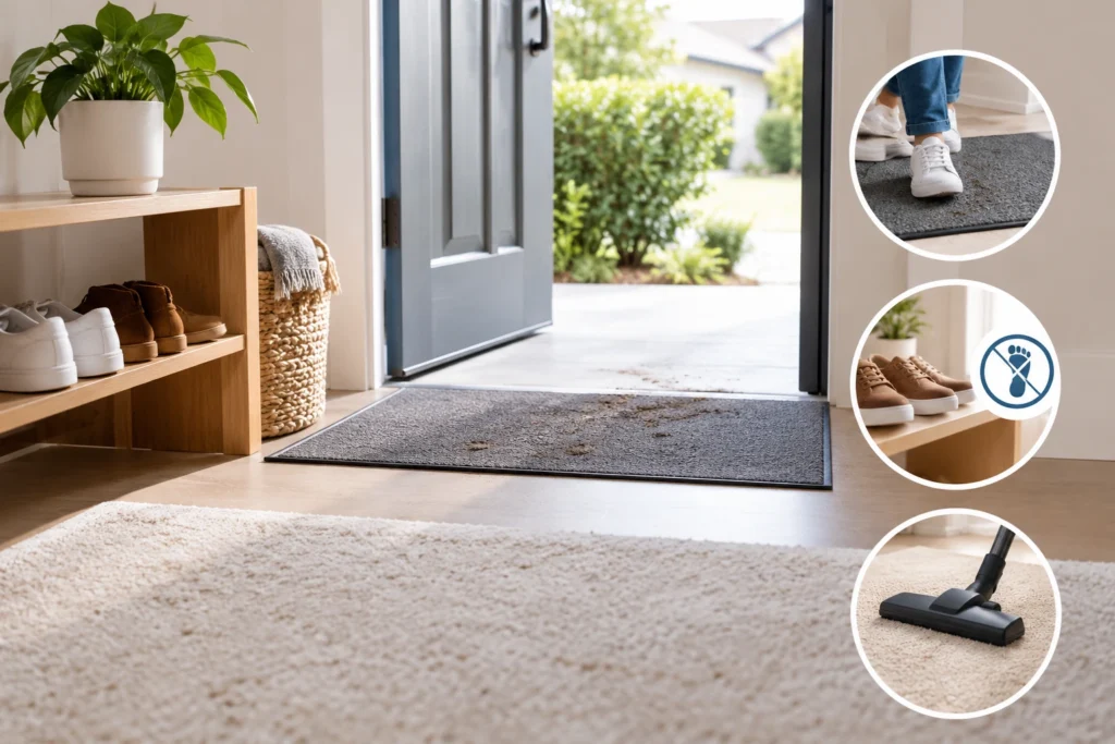Prevent dirt from spreading around the house with doormats, shoe storage and regular carpet vacuuming