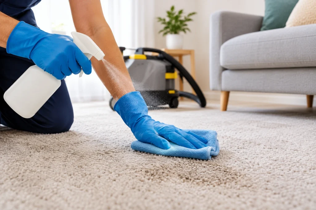 Professional carpet odour treatment using a cleaning solution and microfiber cloth in a modern living room.