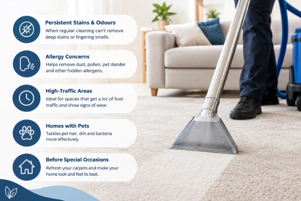 Professional carpet cleaning in a living room with a carpet cleaning machine.