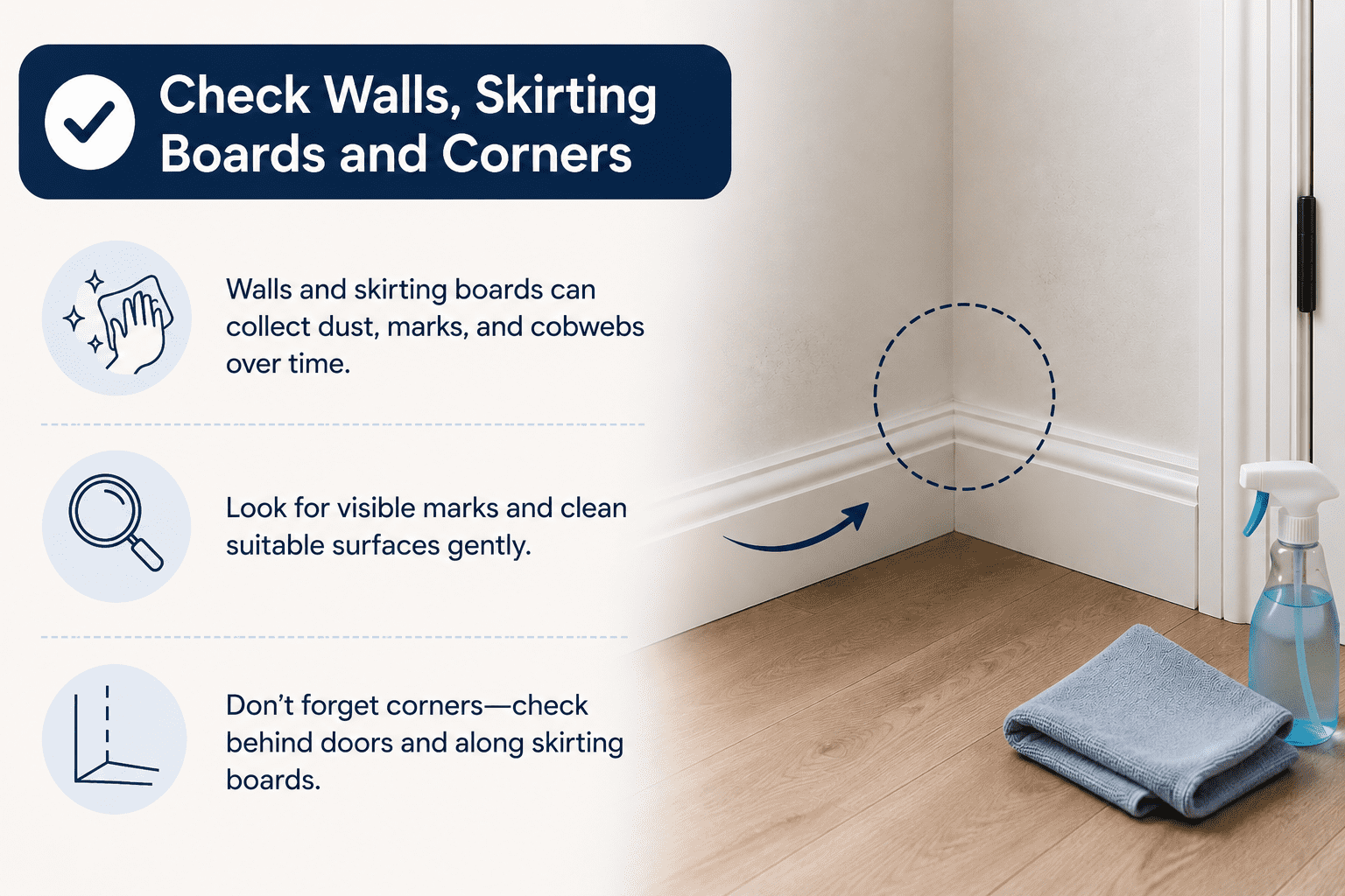 End of lease cleaning checklist for walls, skirting boards and corners.